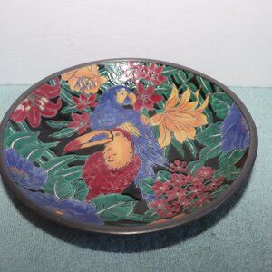 Neiman Marcus Porcelain bowl Toucan & Parrot Pewter Incased